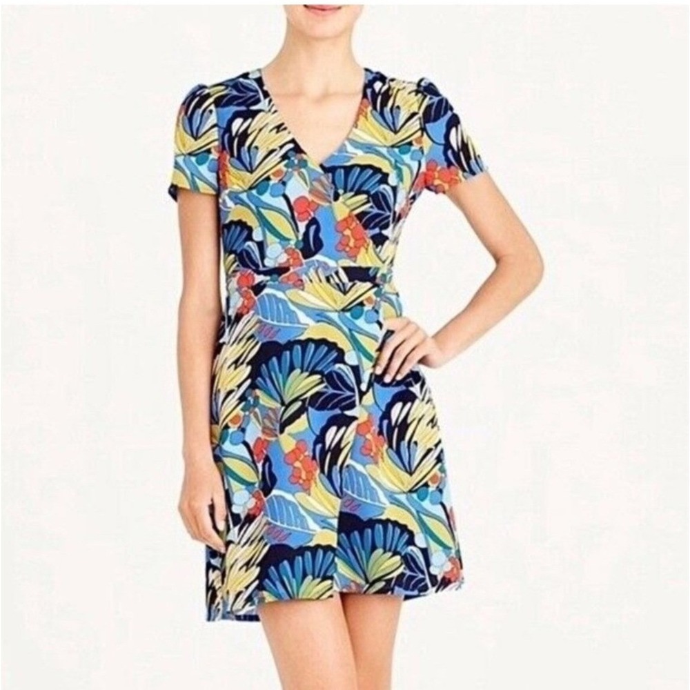 J. Crew Mercantile Dress Womens 10 Blue Floral New Faux Wrap Mini Tropical J6370